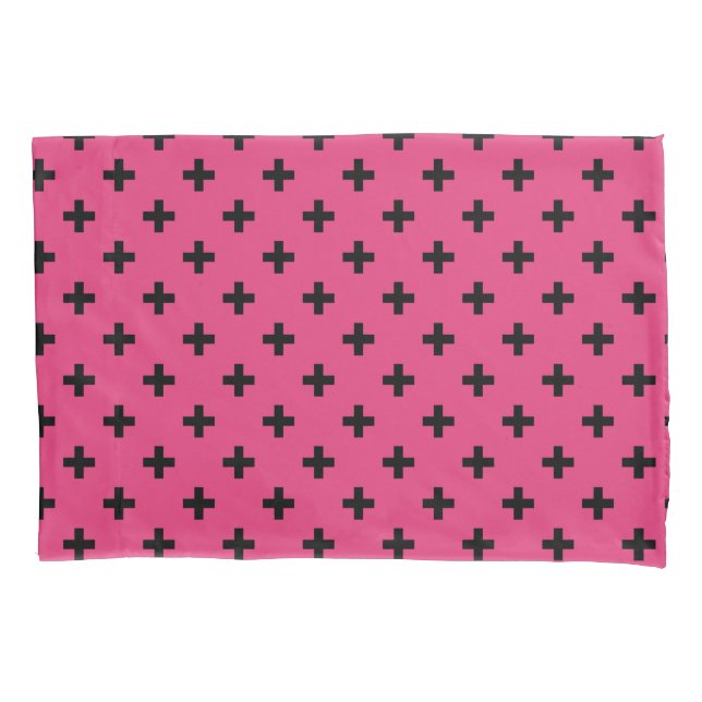 Black polka crosses on fuchsia pillow case (Front)