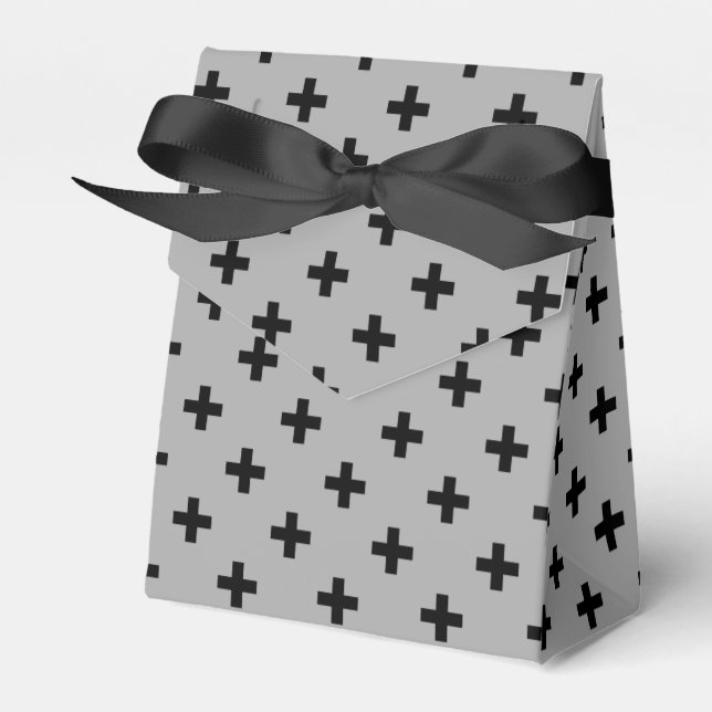 Black polka crosses on grey favor boxes (Front Side)