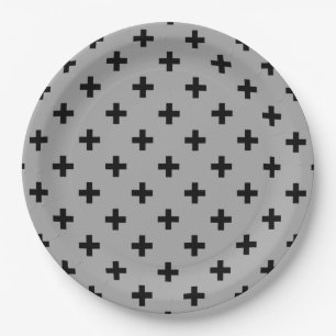 Black polka crosses on grey paper plates