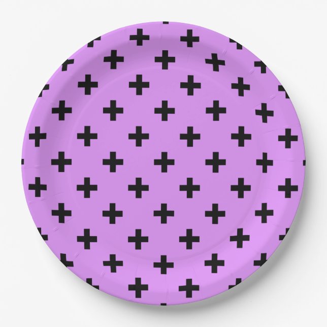 Black polka crosses on lilac paper plates (Front)
