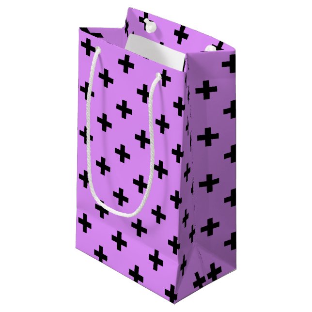 Black polka crosses on lilac small gift bag (Front Angled)