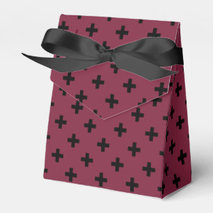 Black polka crosses on mulberry favor boxes