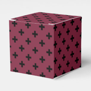 Black polka crosses on mulberry favor boxes