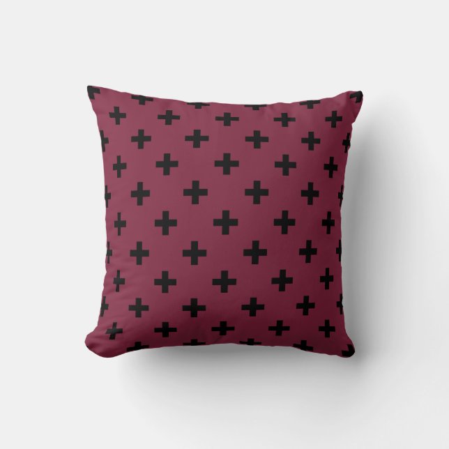 Black polka crosses on mulberry throw pillow (Front)