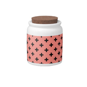 Black polka crosses on peach candy jar