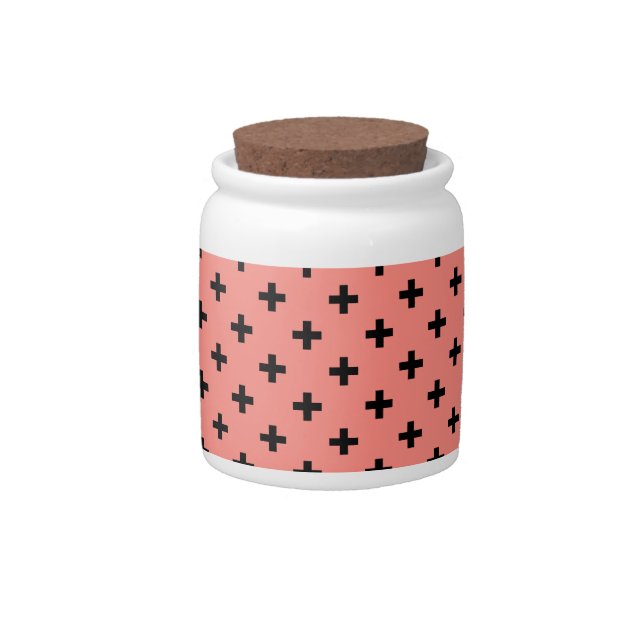 Black polka crosses on peach candy jar (Front)