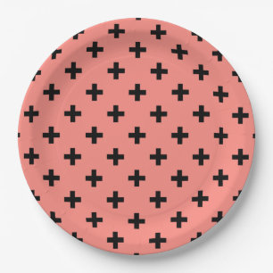 Black polka crosses on peach paper plates