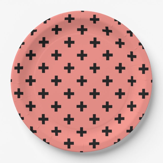 Black polka crosses on peach paper plates (Front)