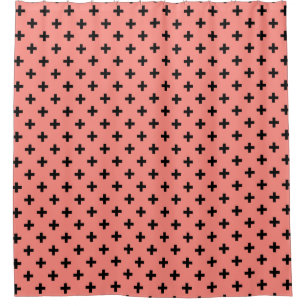 Black polka crosses on peach shower curtain