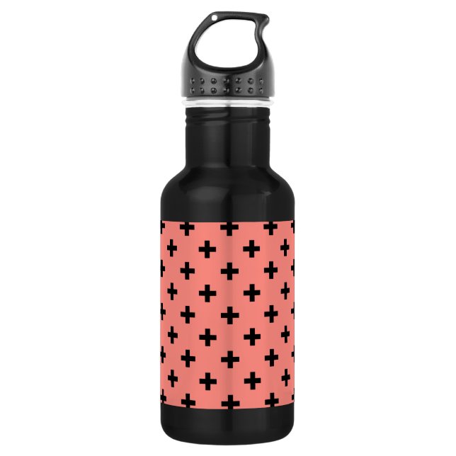 Black polka crosses on peach stainless steel water bottle (Front)