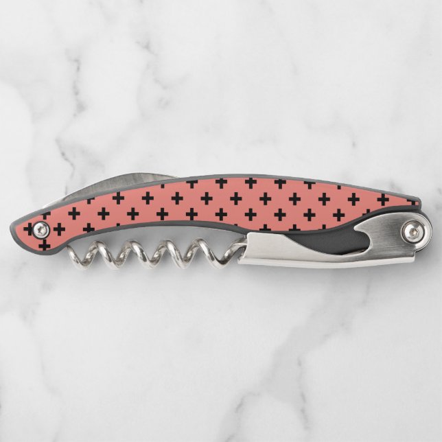 Black polka crosses on peach waiter's corkscrew (Back)