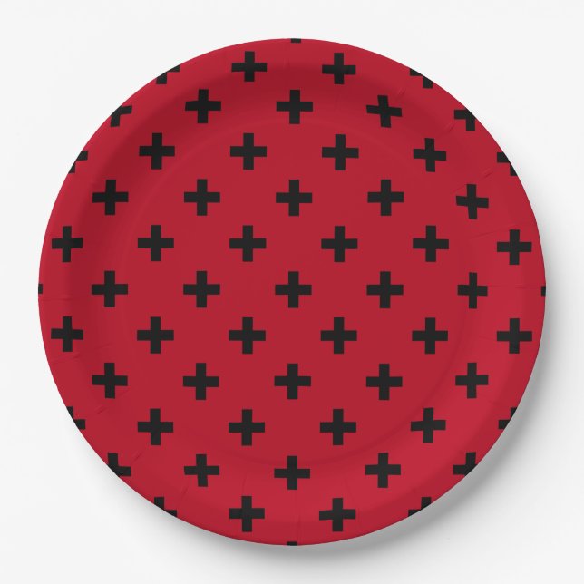 Black polka crosses on red paper plates (Front)