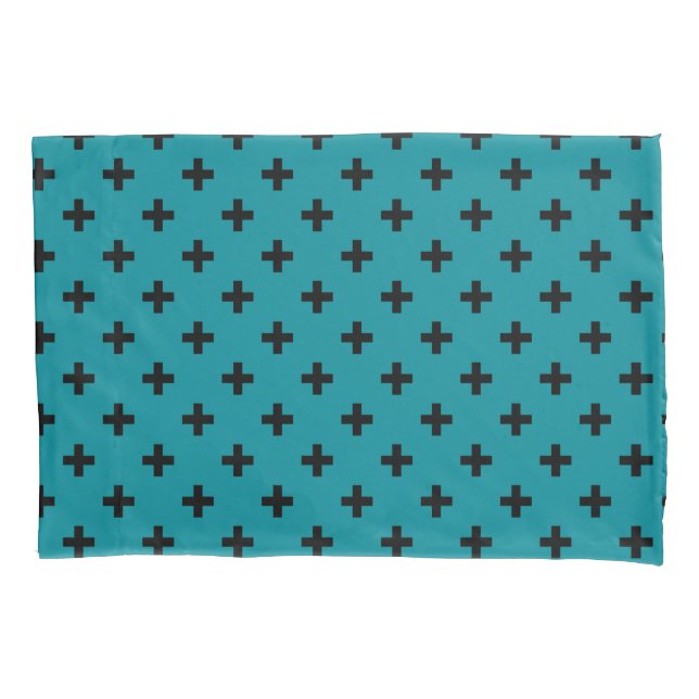 Black polka crosses on teal pillow case (Front)