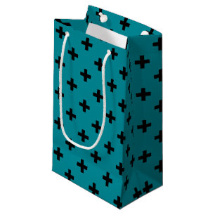 Black polka crosses on teal small gift bag