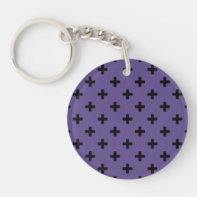 Black polka crosses on ultra violet keychain (Front)