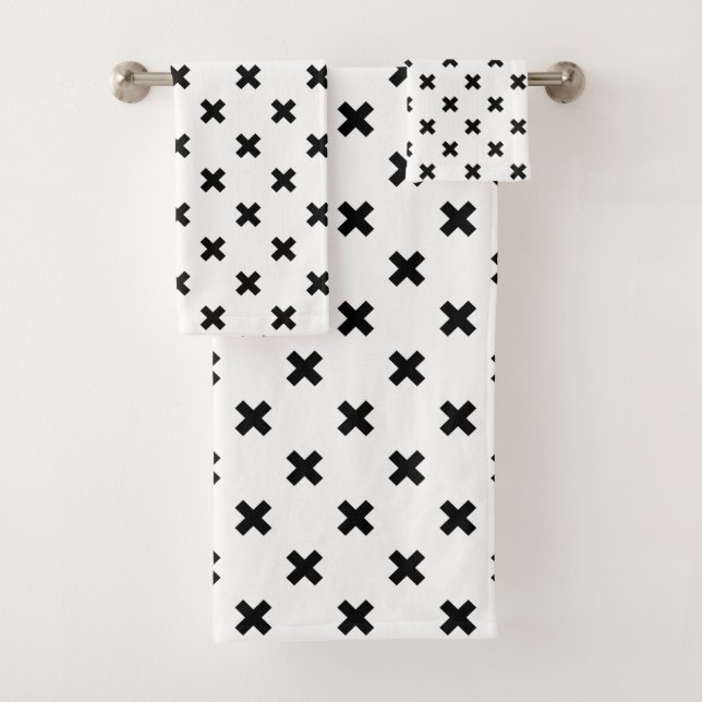 Black polka crosses on white bath towel set (Insitu)