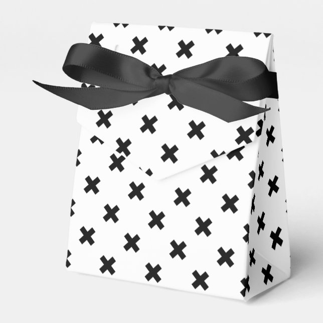Black polka crosses on white favor boxes (Front Side)