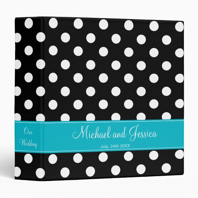 Black Polka Dot and Teal Personalized Wedding Binder (Front/Spine)