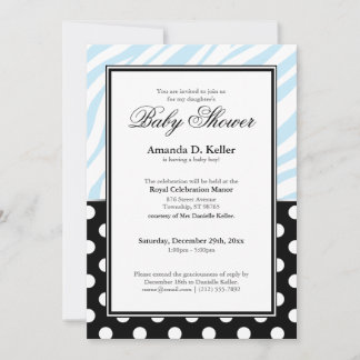 Black Polka Dot Blue Zebra Print Baby Shower Invitation