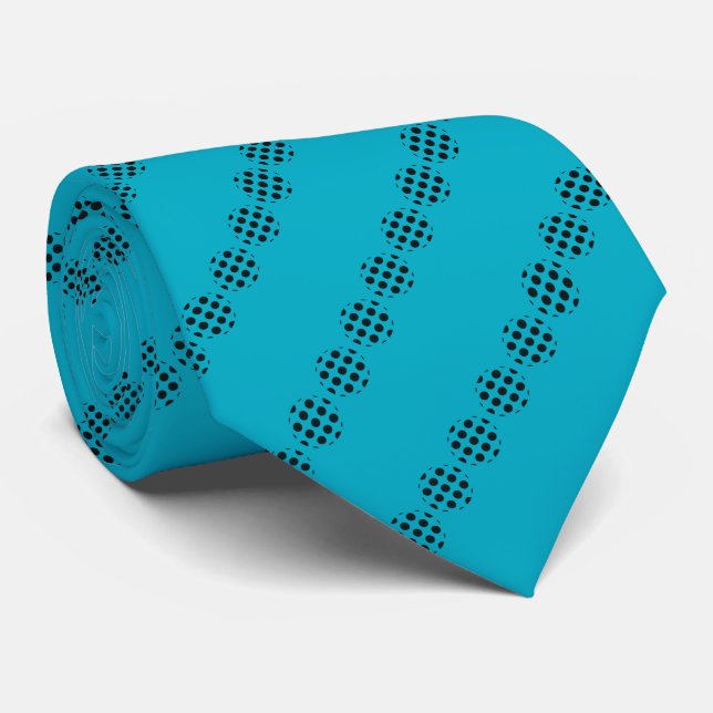 Black Polka Dot Circles Pattern On Cyan Blue Neck Tie (Rolled)