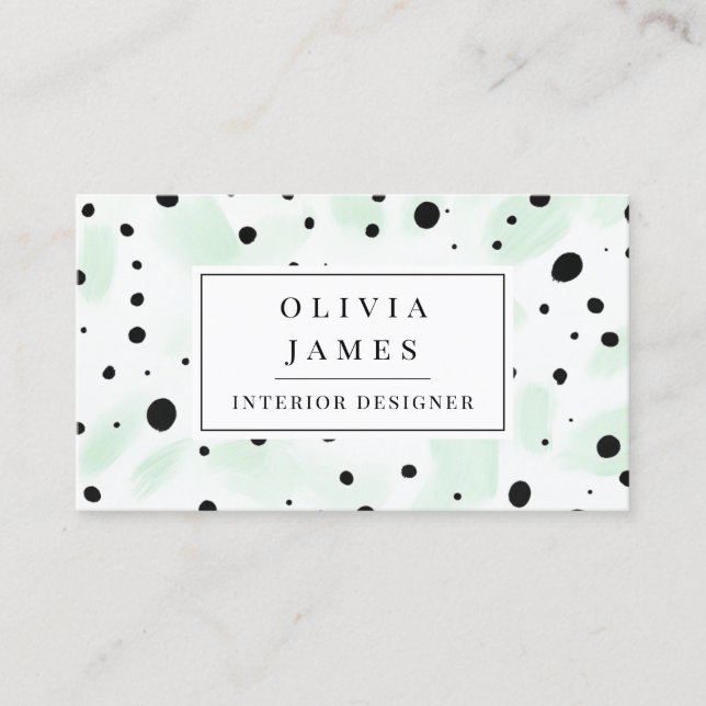 Black polka dot Green Watercolor Splash Modern Business Card (Front)