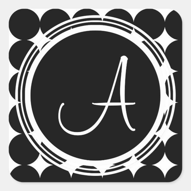 Black Polka Dot Monogram Square Sticker (Front)