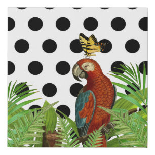 Black Polka Dot, Parrot and Butterfly Faux Canvas Print