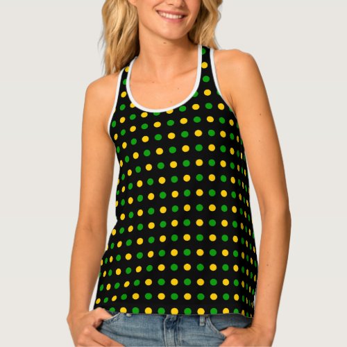 Black polka dot pattern with green and gold dots tank top