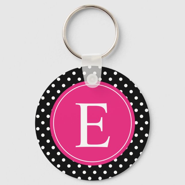 Black Polka Dot Pink Monogram Keychain (Front)