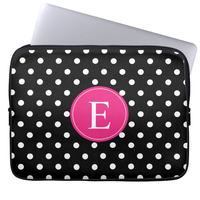Black Polka Dot Pink Monogram Laptop Sleeve (Front)