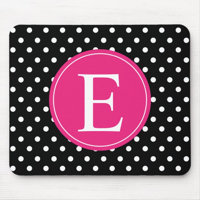 Black Polka Dot Pink Monogram Mouse Pad (Front)