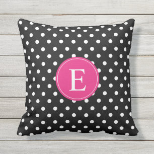 Black Polka Dot Pink Monogram Outdoor Pillow