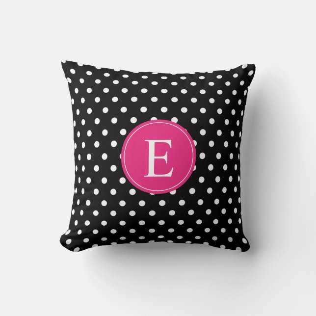 Black Polka Dot Pink Monogram Throw Pillow (Front)
