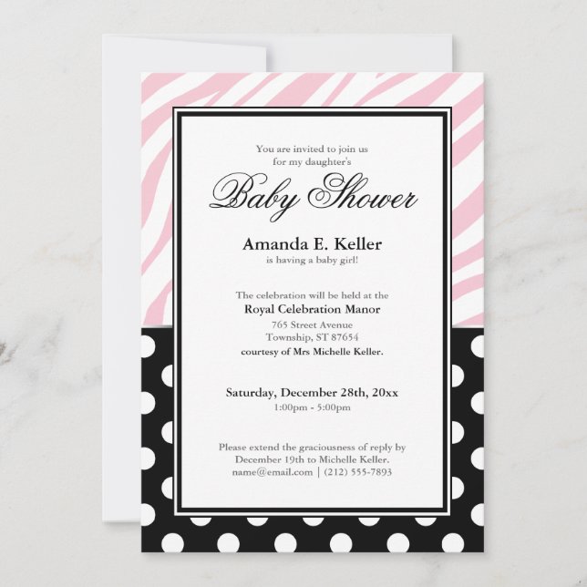 Black Polka Dot Pink Zebra Print Baby Shower Invitation (Front)