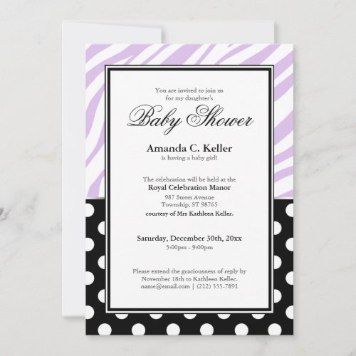 Black Polka Dot Purple Zebra Print Baby Shower Personalized Invites