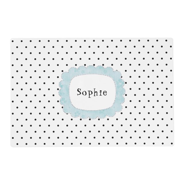 Black Polka Dot White Blue Personalized Reversible Placemat (Front)
