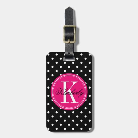 Black Polka Dot With Pink Monogram Luggage Tag