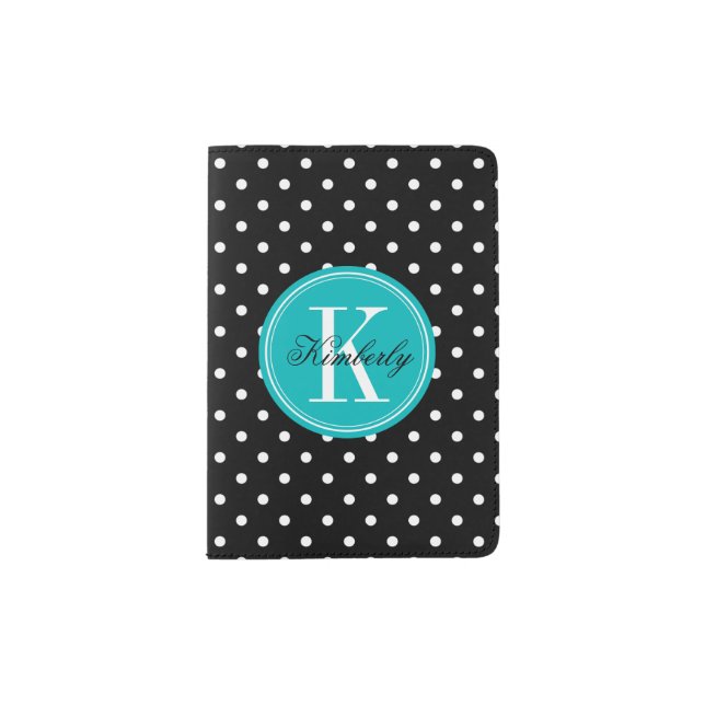 Black Polka Dot with Teal Monogram Passport Holder (Front)