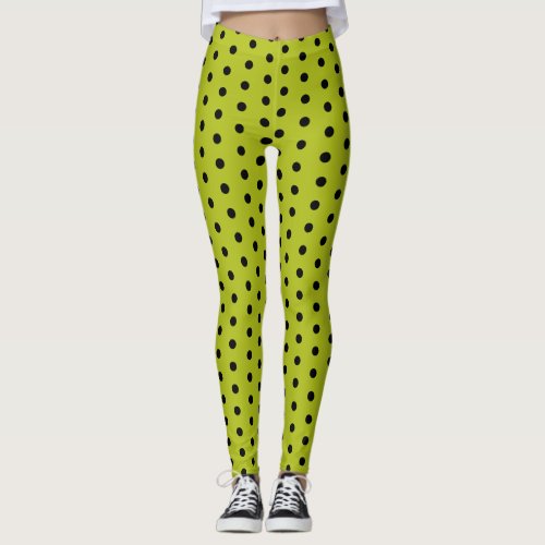 Black polka dots acid green cool retro pattern leggings