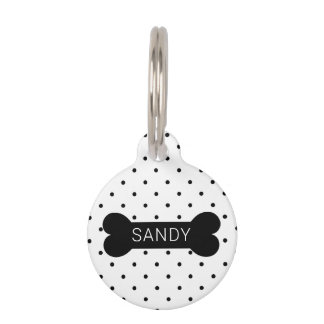 Black Polka Dots And Dog Bone & Custom Pet Info ID Tag