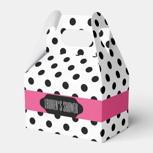 Black polka dots and pink stripe custom favor box (Front Side)