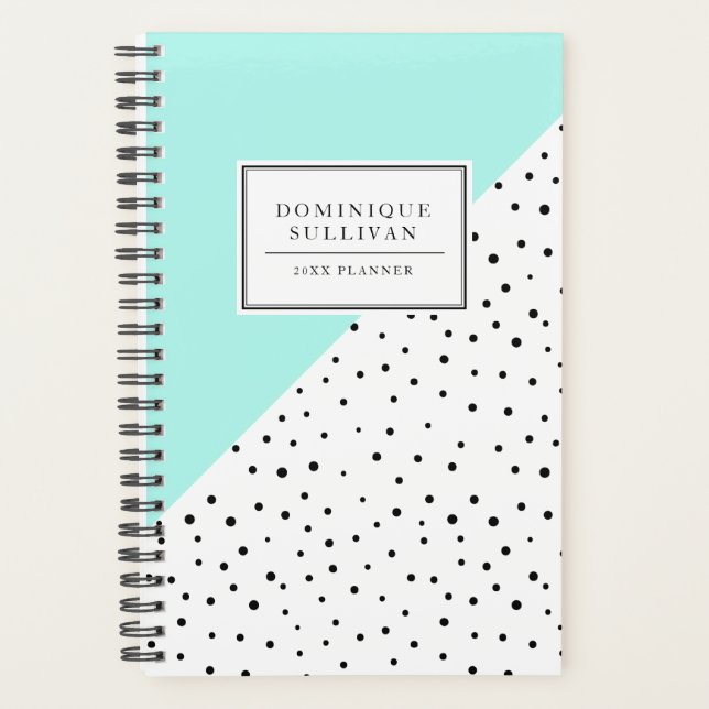 Black Polka Dots Aqua Blue Personalized Planner (Front)