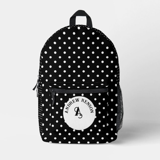 Black polka dots customizable printed backpack (Front)