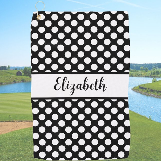 Black polka dots golf towel ladies custom name (Creator Uploaded)