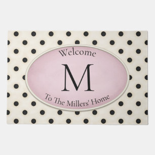 Black Polka Dots Ivory & Pale Pink Monogrammed Doormat