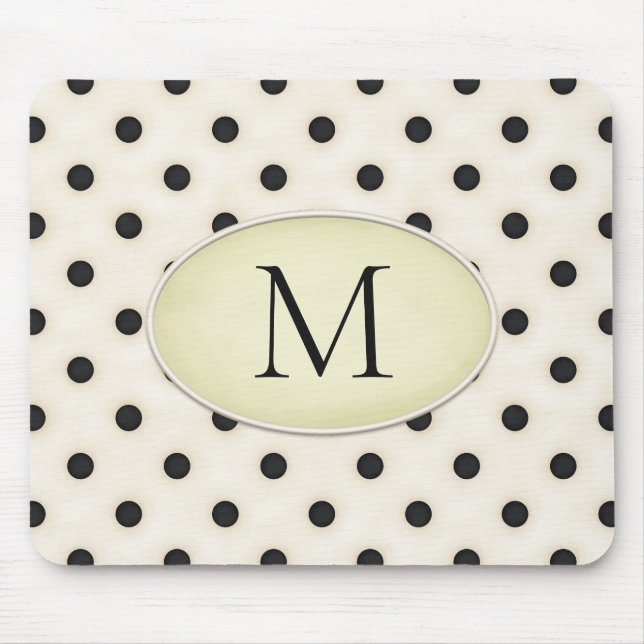 Black Polka Dots Ivory & Pale Yellow Monogrammed Mouse Pad (Front)