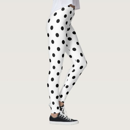 Black polka dots medium on white leggings