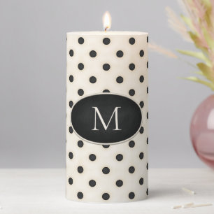 Black Polka Dots on Antique White Monogrammed Pillar Candle