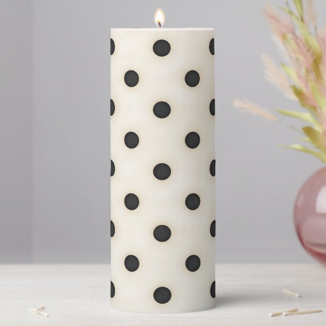 Black Polka Dots on Antique White Pillar Candle (In Situ)