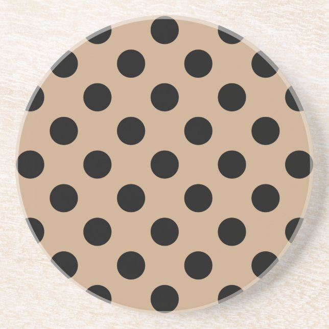 Black polka dots on beige drink coaster (Front)